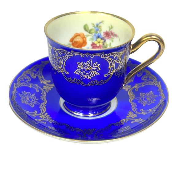 Bavaria Tirschenreuth PT Germany Demitasse Cobalt Green Rose Pink Cup Saucers 4 - Picture 6 of 15